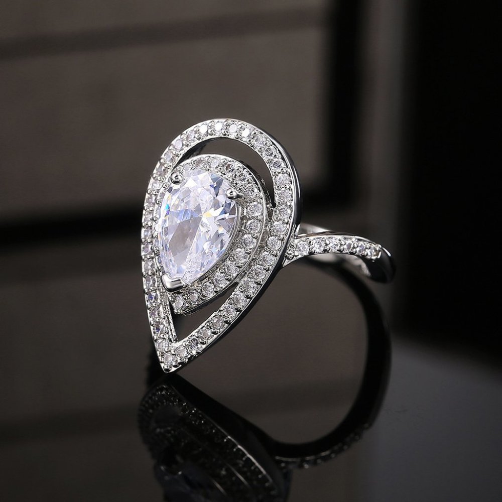 NEW 925 Silver Teardrop Pear Cut Double Halo Ring - Picture 5 of 9